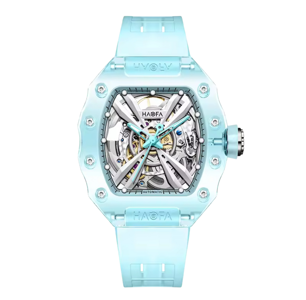 Haofa Ladies Crystal Skeleton Watch – Transparent Automatic Mechanical Movement, Luminous Dial, Multicolour Barrel Design | Model 2302