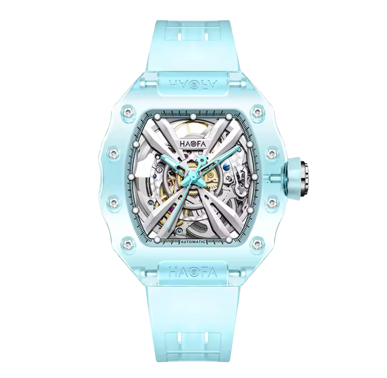 Haofa Ladies Crystal Skeleton Watch – Transparent Automatic Mechanical Movement, Luminous Dial, Multicolour Barrel Design | Model 2302