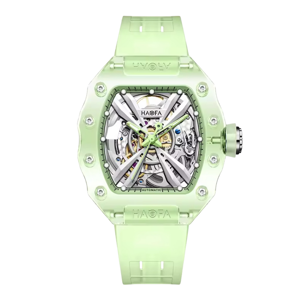 Haofa Ladies Crystal Skeleton Watch – Transparent Automatic Mechanical Movement, Luminous Dial, Multicolour Barrel Design | Model 2302