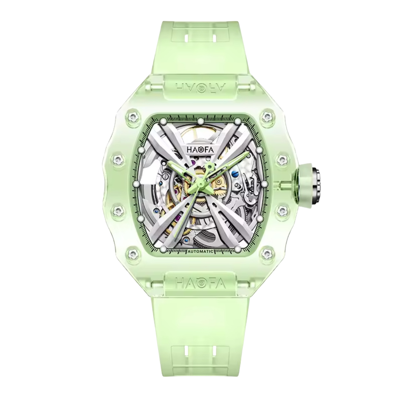 Haofa Ladies Crystal Skeleton Watch – Transparent Automatic Mechanical Movement, Luminous Dial, Multicolour Barrel Design | Model 2302