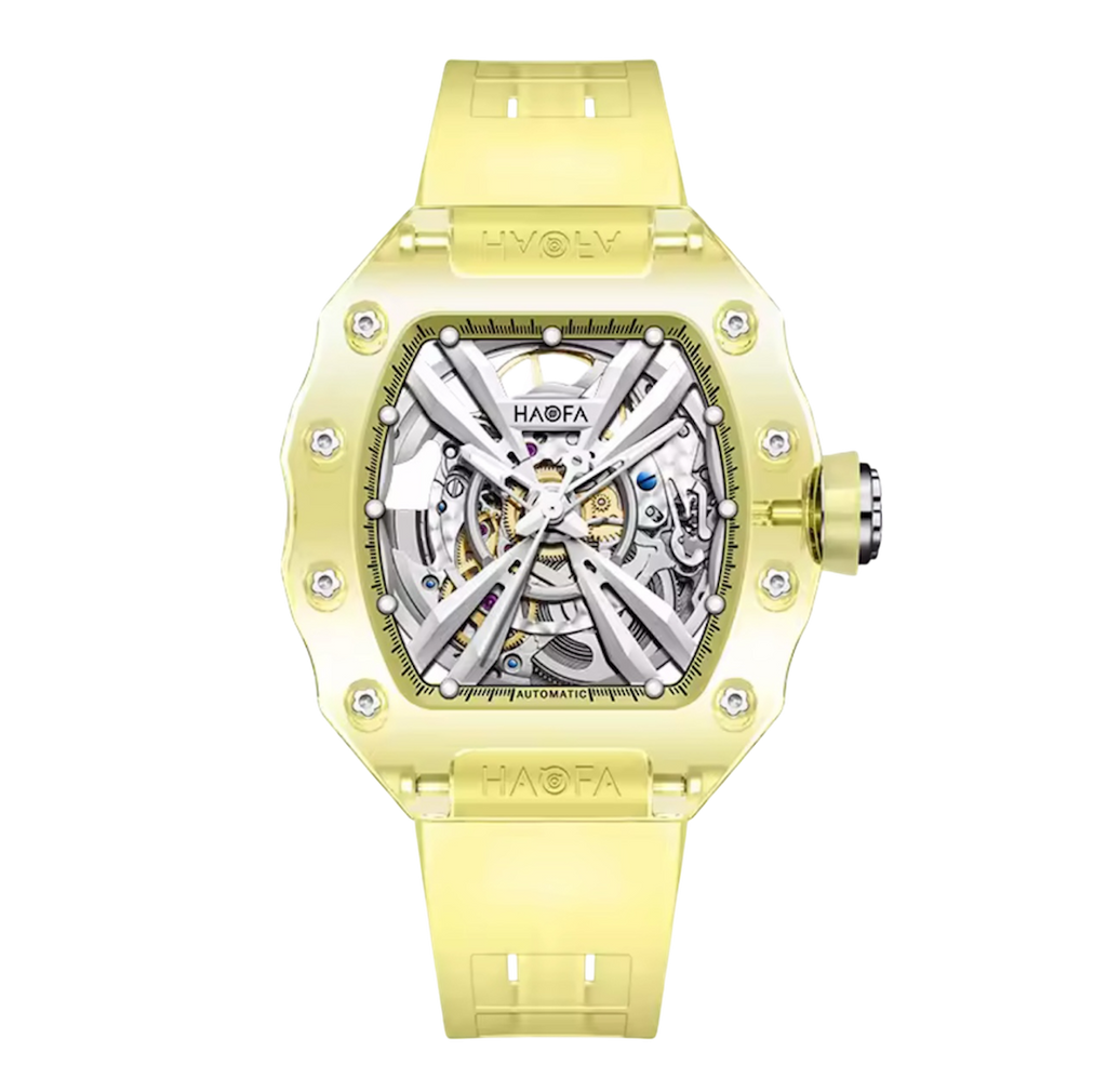 Haofa Ladies Crystal Skeleton Watch – Transparent Automatic Mechanical Movement, Luminous Dial, Multicolour Barrel Design | Model 2302