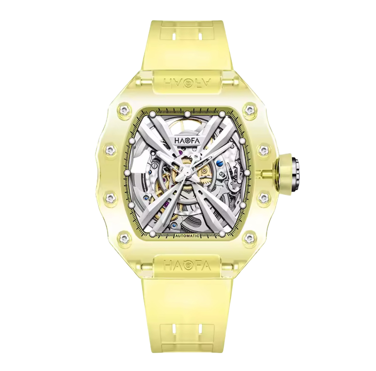 Haofa Ladies Crystal Skeleton Watch – Transparent Automatic Mechanical Movement, Luminous Dial, Multicolour Barrel Design | Model 2302
