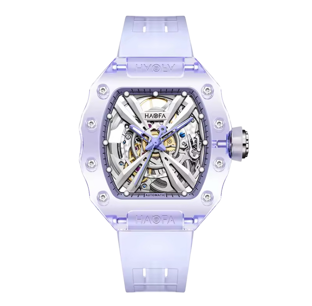 Haofa Ladies Crystal Skeleton Watch – Transparent Automatic Mechanical Movement, Luminous Dial, Multicolour Barrel Design | Model 2302