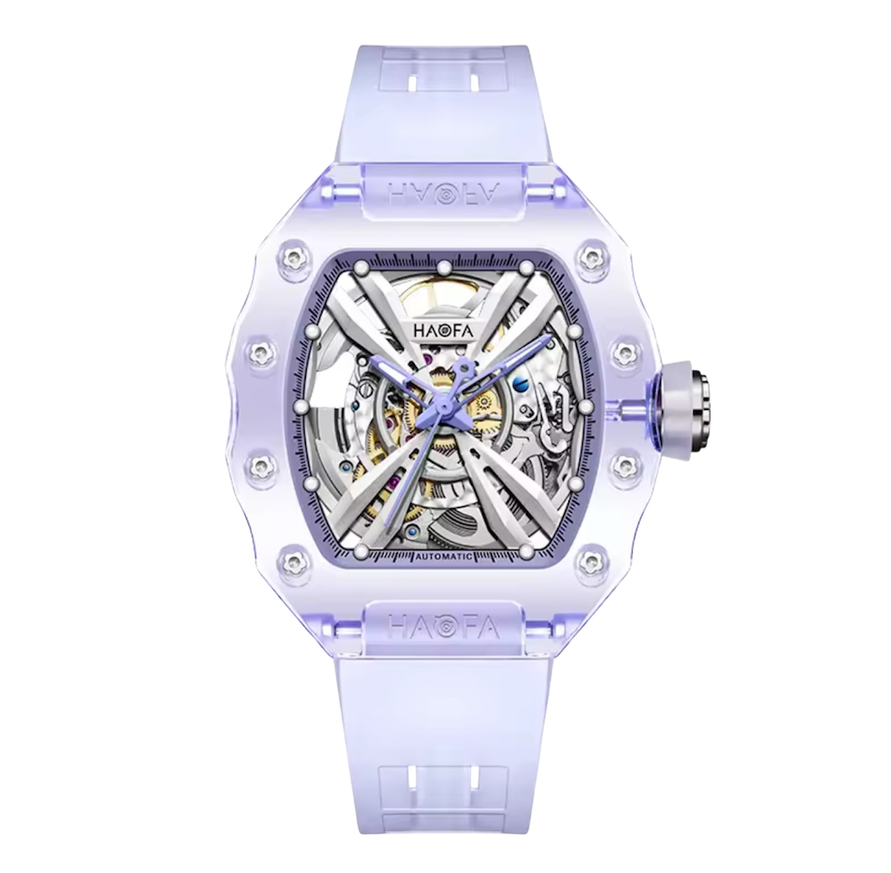 Haofa Ladies Crystal Skeleton Watch – Transparent Automatic Mechanical Movement, Luminous Dial, Multicolour Barrel Design | Model 2302