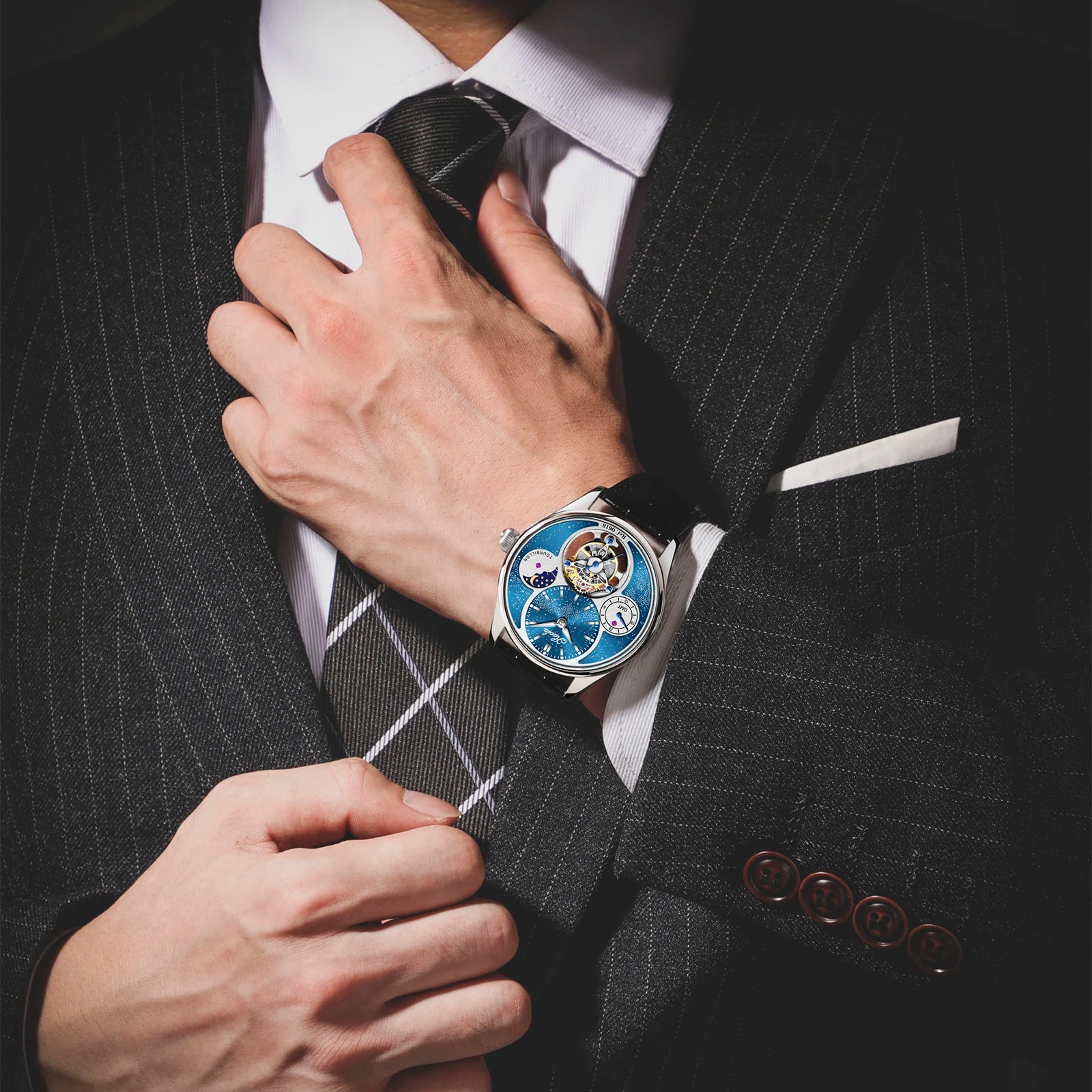 Haofa Flying Tourbillon Mechanical Men'S Watch Starry Day and Night GMT 316 Stainless Steel Leather Strap 19 Diamonds Watch 0618