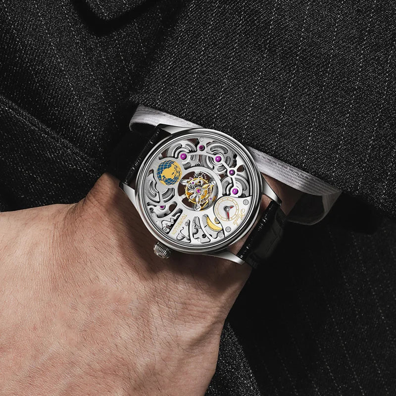 Haofa Tourbillon Mechanical Watches for Men Skeleton Center Rotating Power Earth Four Spring Drive Sapphire Crystal Mirror 1037