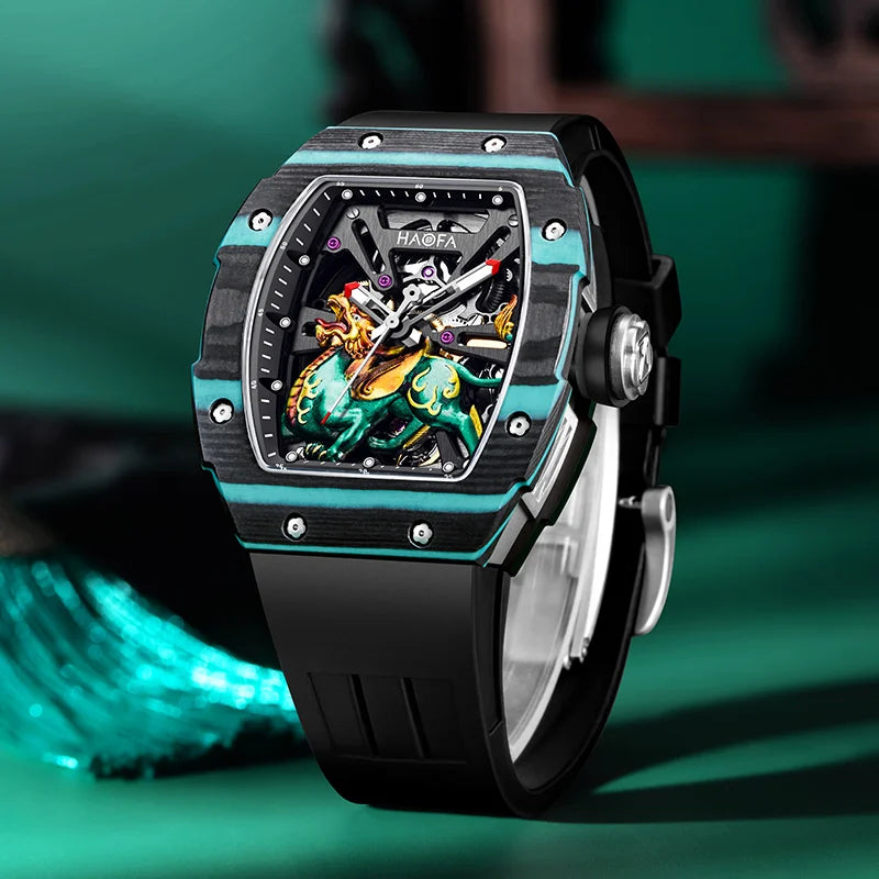 Haofa Automatic Movement Mechanical Watch Man 3D Brave Troops Chinese Style Hollow Skeleton Carbon Fiber Luminous Hardcore 1972