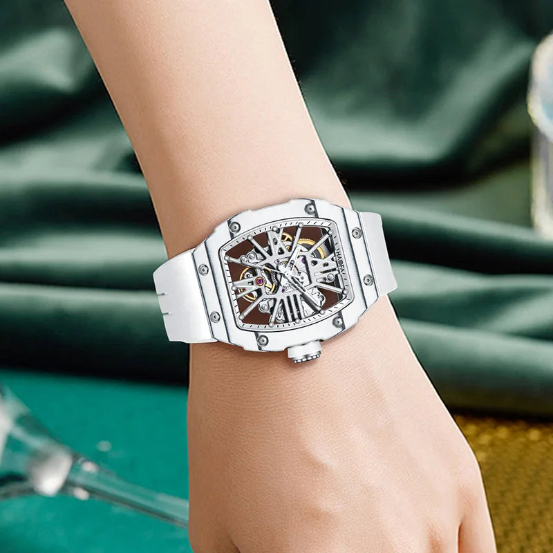 Haofa Mechanical Watch Woman Automatic Movement Painted Roman Numerals Hollow Skeleton Carbon Fiber Luminous Sport Hardcore 1995