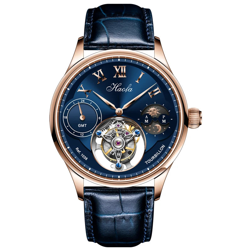 Haofa Luxury Manual Flying Tourbillon Mechanical Men'S Watch Sapphire Moon Phase Watches for Men Casual Business Wristwatch 1038