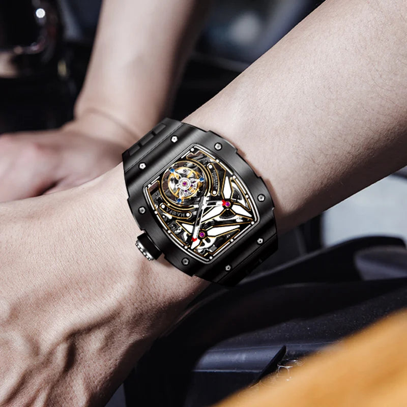 Haofa Men Watch Automatic Movement Mechanical Tourbillon Luminous Skeleton Ceramics Rubber 72H Power Luxury Men‘S Watches 1901-2