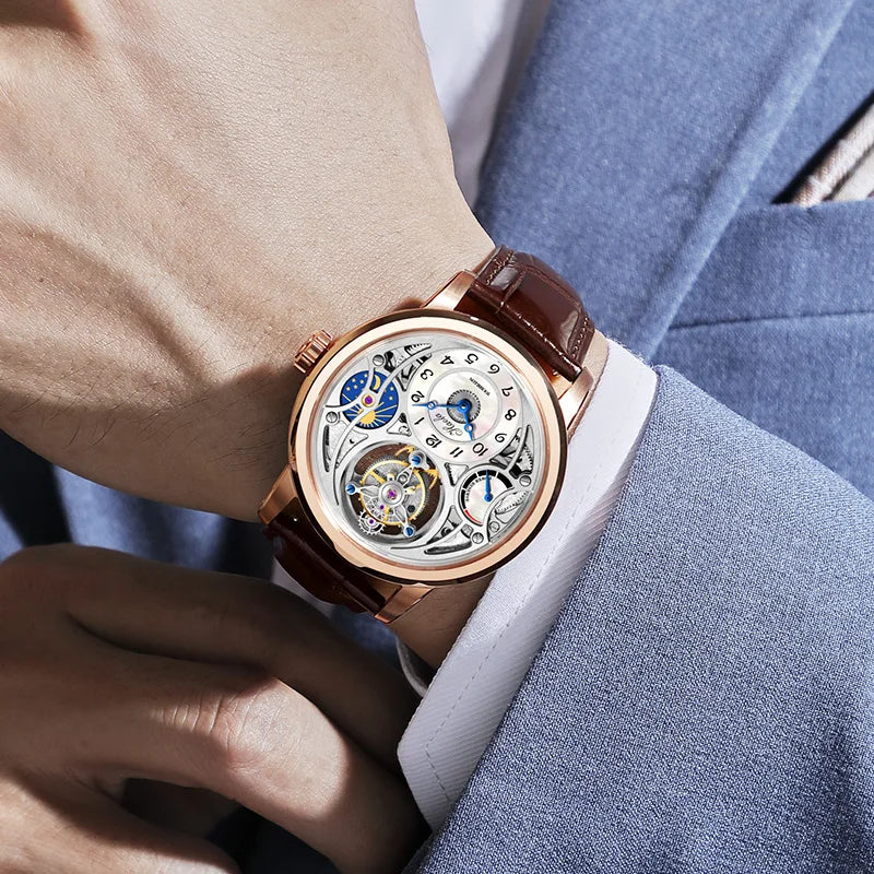 Haofa GMT Tourbillon Movement Watch Men Starry Sky Function Hollow Mechanical Watch for Men Business Mother of Pearl Dial 1939