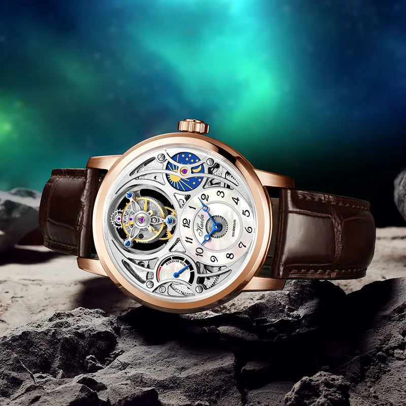 Haofa GMT Tourbillon Movement Watch Men Starry Sky Function Hollow Mechanical Watch for Men Business Mother of Pearl Dial 1939