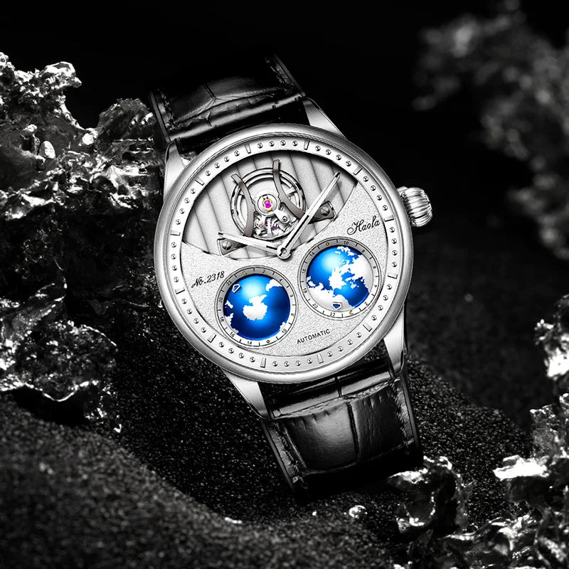 Haofa Automatic Movement Mechanical Watch Mans Earth Rotate Northern and Southern Hemisphere Open Heart Dial Electroerosion 2318