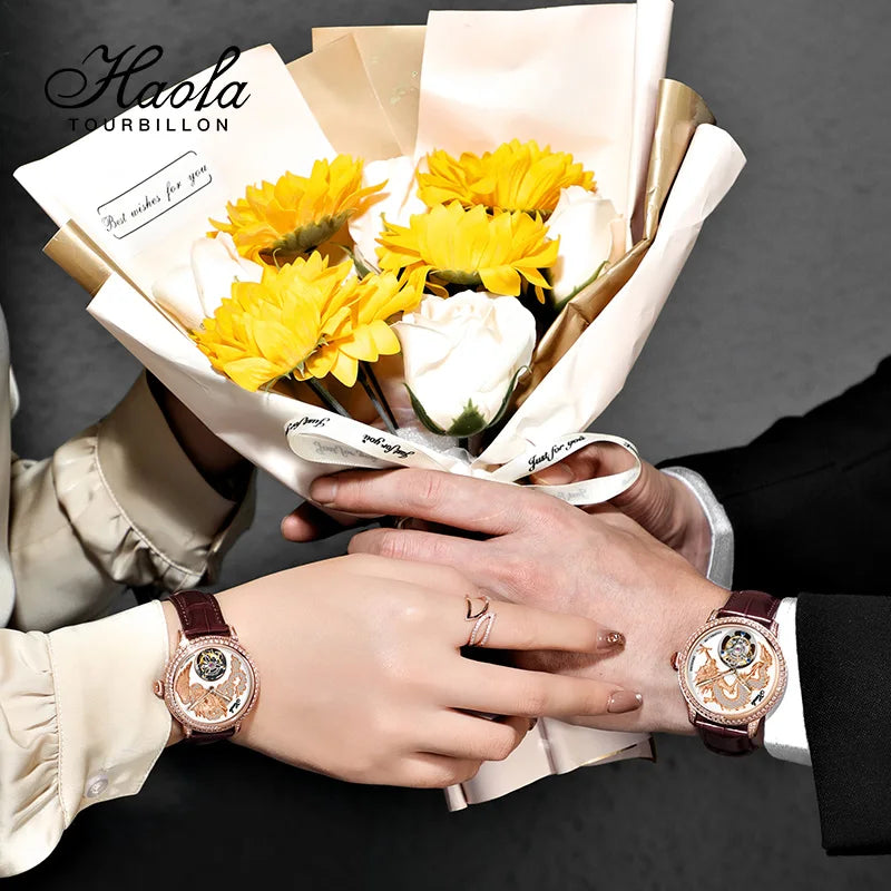 Haofa 3D Zodiac Dragon Manual Flying Tourbillon Mechanical Movement Watch Luxury Couple Sapphire Watches Exquisite Fashion 1801