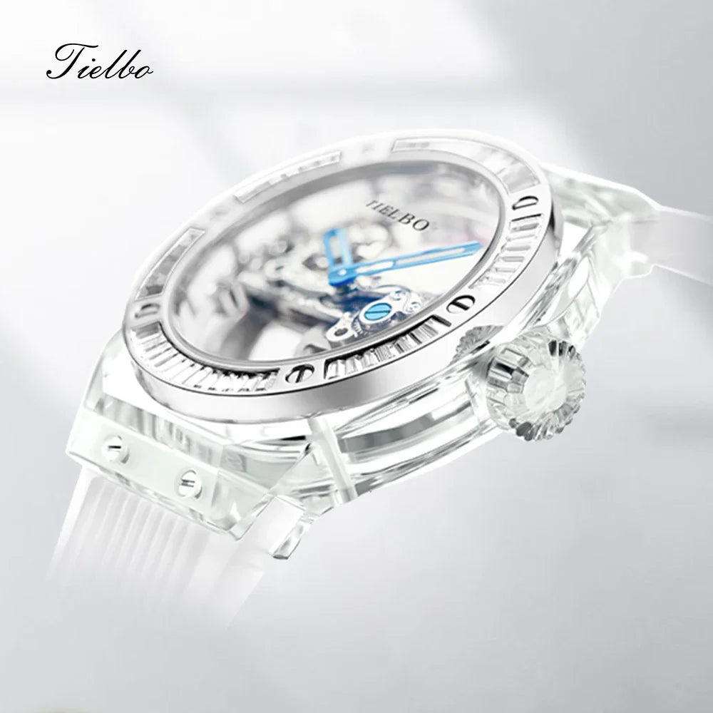 Mechanical Watches for Men Women Luxury Skeleton Sapphire Wrist Watch Waterproof Man Brilliant Crystals Transparent Case