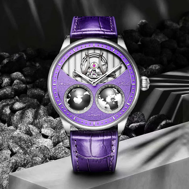 Haofa Automatic Movement Mechanical Watch Mans Earth Rotate Northern and Southern Hemisphere Open Heart Dial Electroerosion 2318