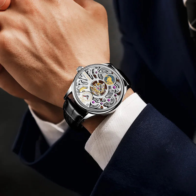 Haofa Tourbillon Mechanical Watches for Men Skeleton Center Rotating Power Earth Four Spring Drive Sapphire Crystal Mirror 1037