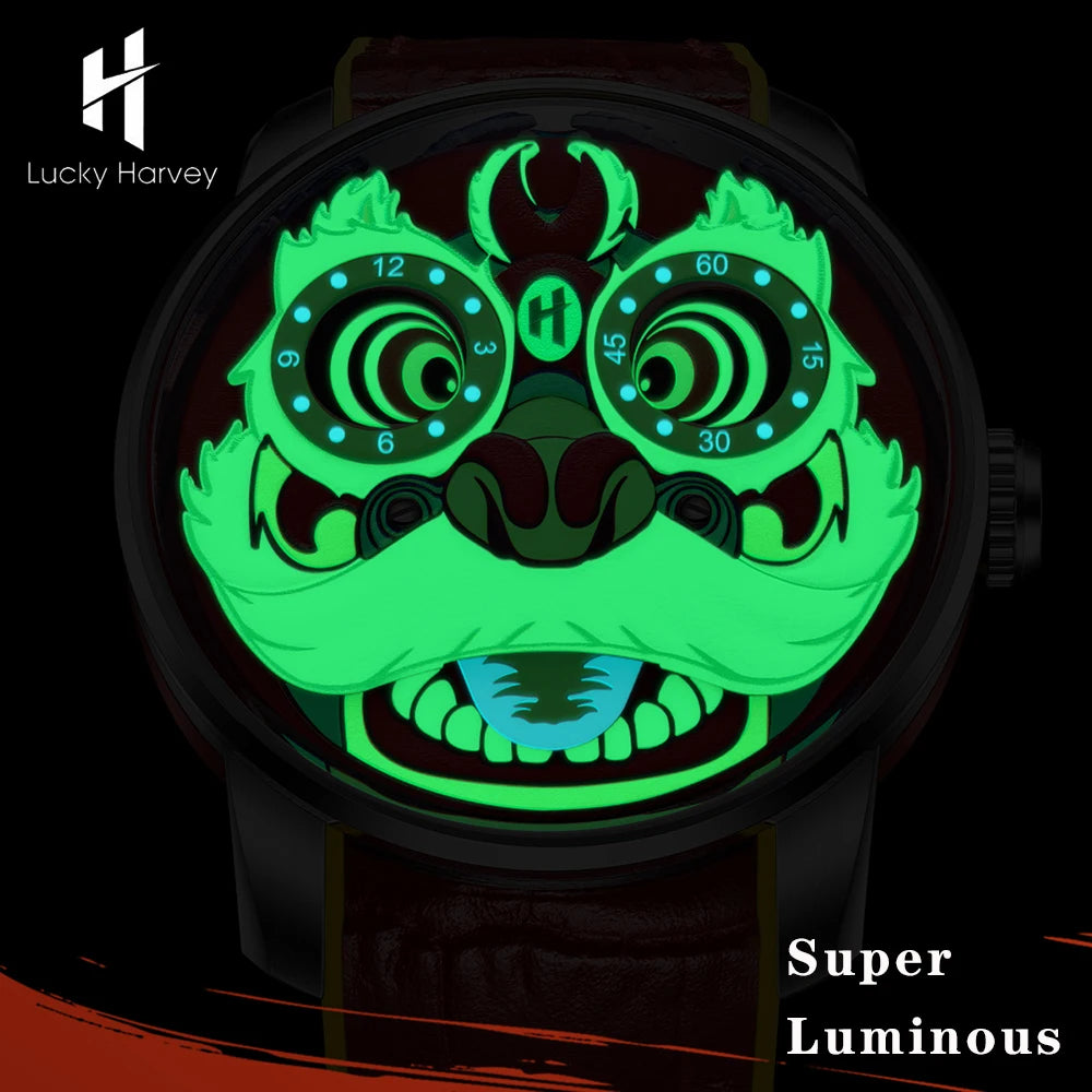 Automatic Mechanical Watches for Men Chinese Traditional Lion Dial Sapphire Waterproof Luminous Cartoon Wristwatch
