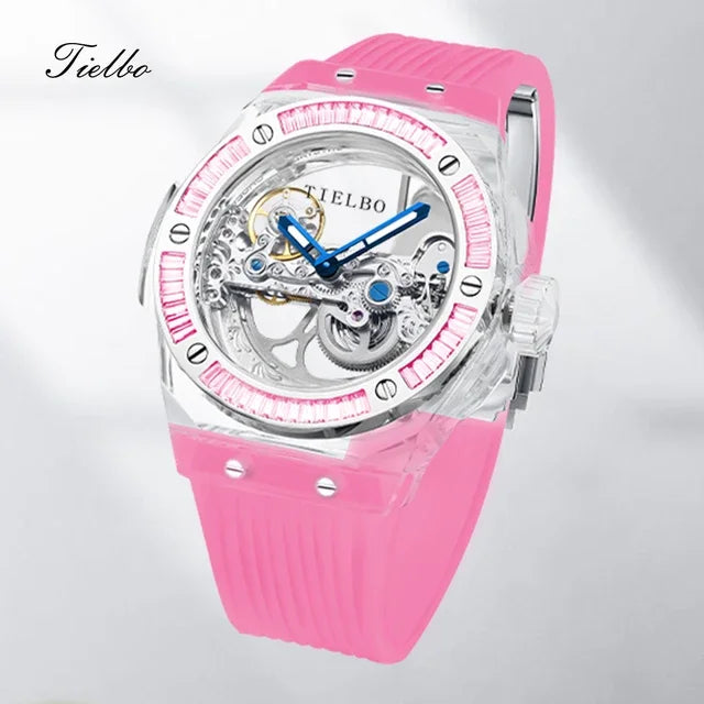Mechanical Watches for Men Women Luxury Skeleton Sapphire Wrist Watch Waterproof Man Brilliant Crystals Transparent Case