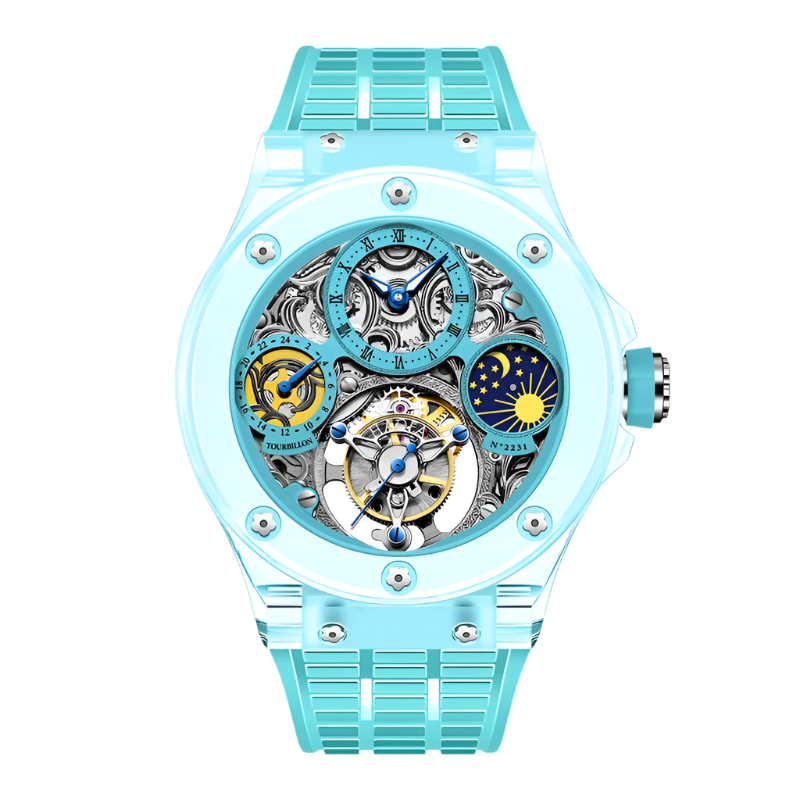 Haofa Crystal Watch for Men Tourbillon Mechanical Colorful Hollow Straight in Skeleton Painted Roman Numerals Day and Night 2231