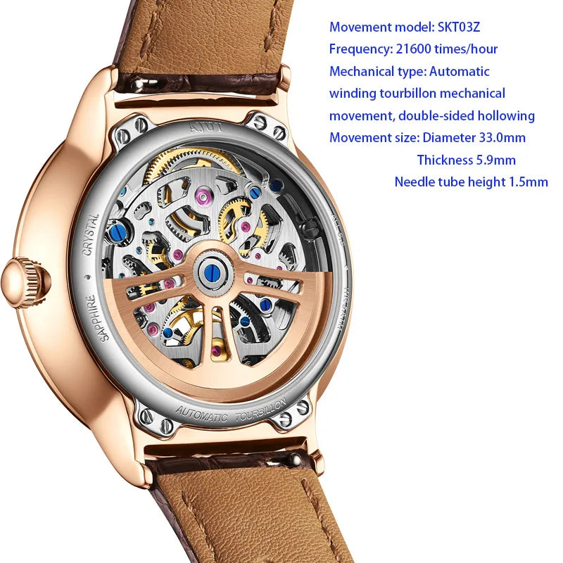 Automatic Tourbillon Mechanical Movement Starry Sky Trapezoidal Zircon Waterproof Sapphire Skeleton Men'S Watch TAM0398