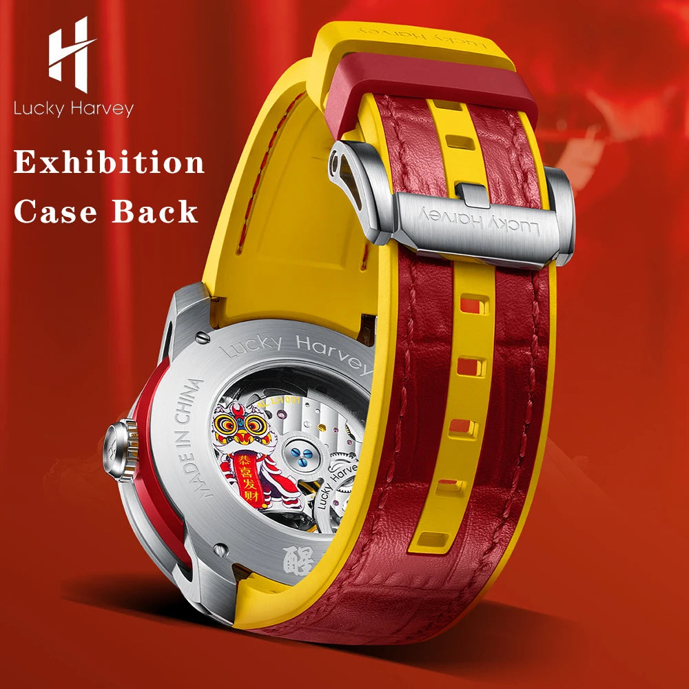 Automatic Mechanical Watches for Men Chinese Traditional Lion Dial Sapphire Waterproof Luminous Cartoon Wristwatch