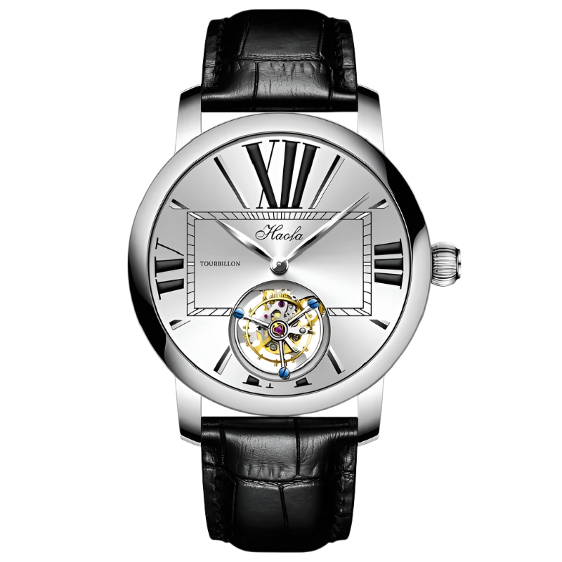 Haofa Men'S Watch Tourbillon round Dial Design Stainless Steel Case Folding Buckle Leather Strap Sapphire Waterproof Manual 1033