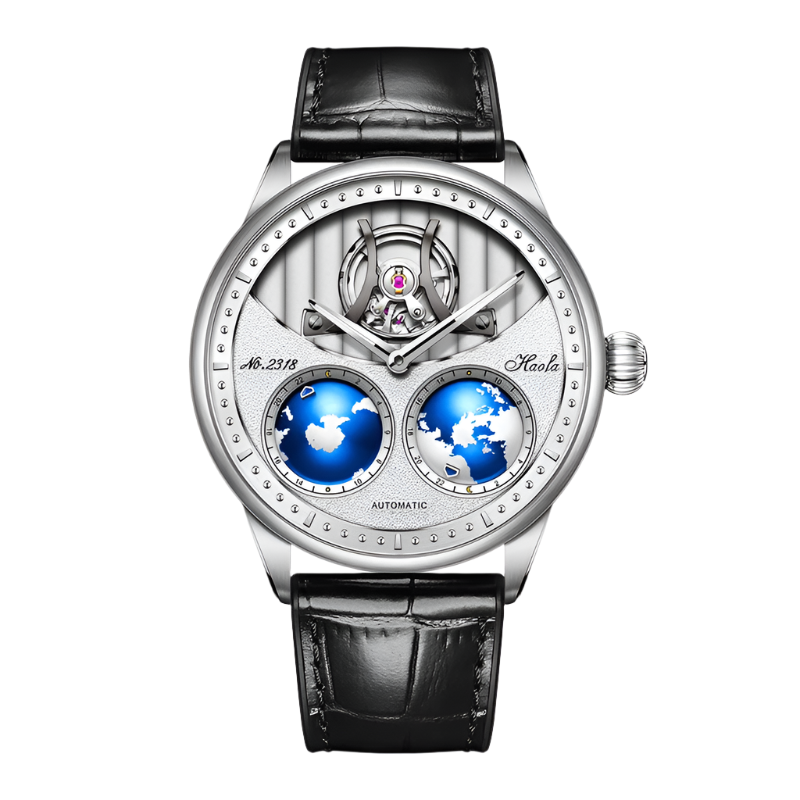 Haofa Automatic Movement Mechanical Watch Mans Earth Rotate Northern and Southern Hemisphere Open Heart Dial Electroerosion 2318