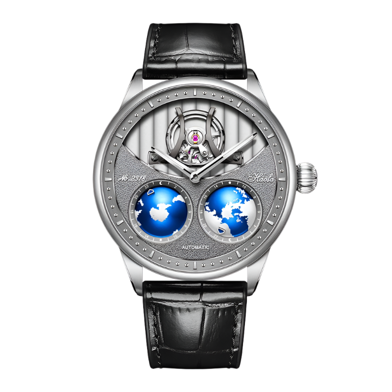 Haofa Automatic Movement Mechanical Watch Mans Earth Rotate Northern and Southern Hemisphere Open Heart Dial Electroerosion 2318