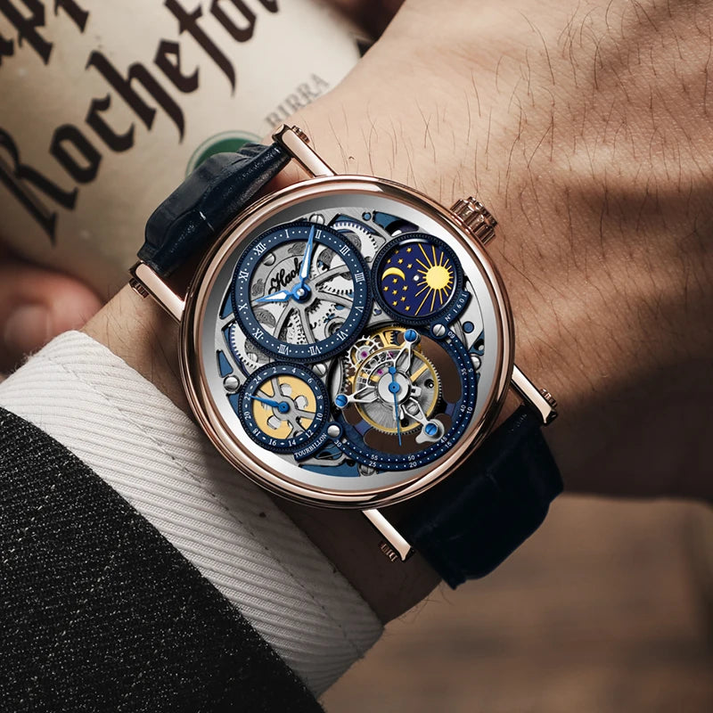 Haofa Skeleton Tourbillon Watch Man Mechanical Hollow Luminous Day and Night Painted Arabic Numerals Carve Luxury Leather 1601