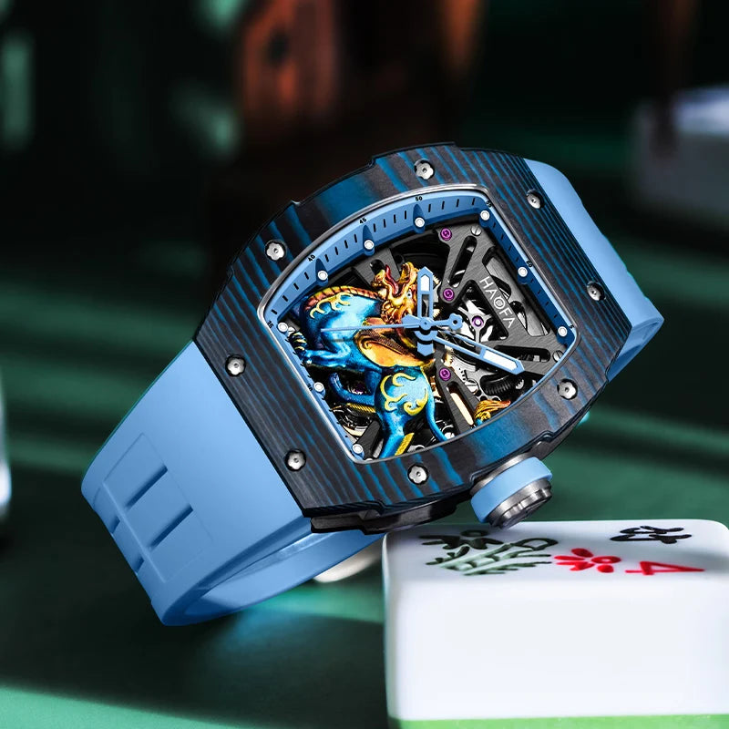 Haofa Automatic Movement Mechanical Watch Man 3D Brave Troops Chinese Style Hollow Skeleton Carbon Fiber Luminous Hardcore 1972