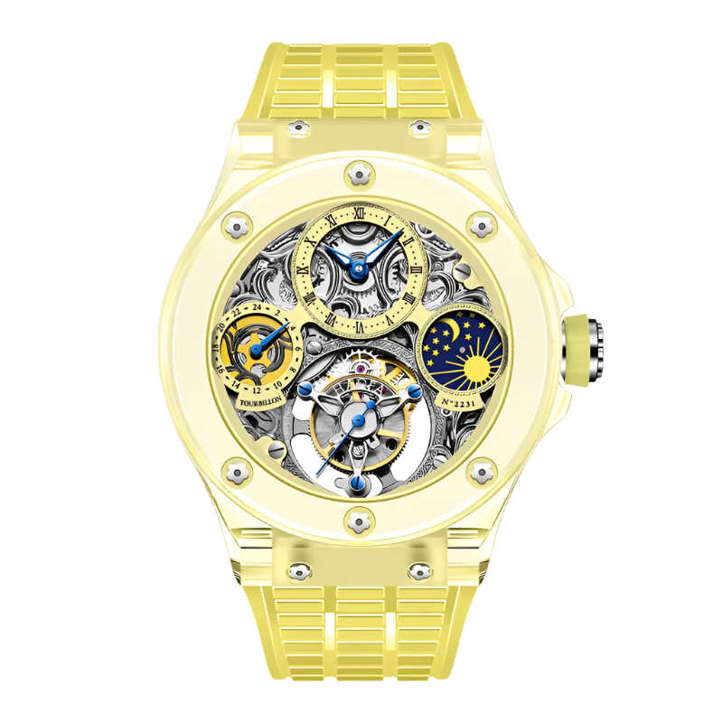 Haofa Crystal Watch for Men Tourbillon Mechanical Colorful Hollow Straight in Skeleton Painted Roman Numerals Day and Night 2231
