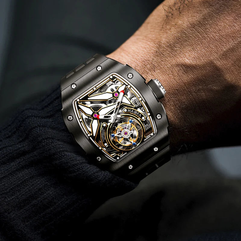 Haofa Men Watch Automatic Movement Mechanical Tourbillon Luminous Skeleton Ceramics Rubber 72H Power Luxury Men‘S Watches 1901-2