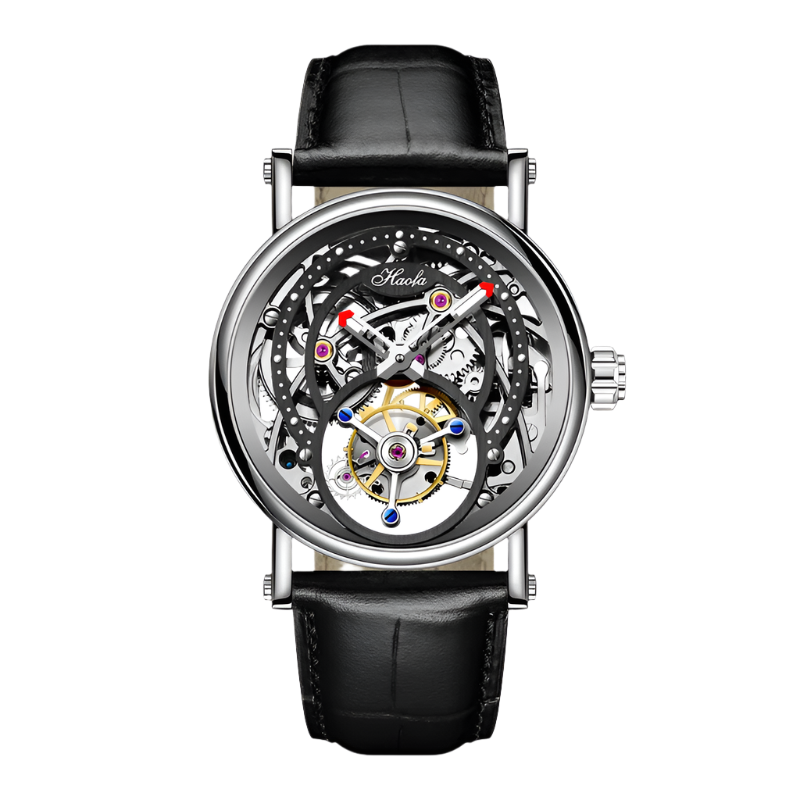 Haofa Manual Winding 3D Hollow Engraving Movement Flying Tourbillon Mechanical Watch Waterproof Elegant Leather Men'S Watch 1603
