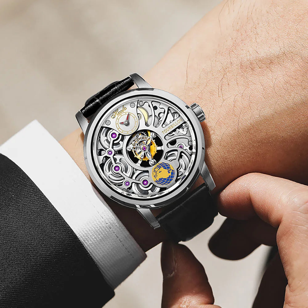 Haofa Men'S Watch Skeleton Tourbillon Rotating Earth 316 Stainless Steel Alligator Leathe Four-Spring Drive 120 Hours Power 1938