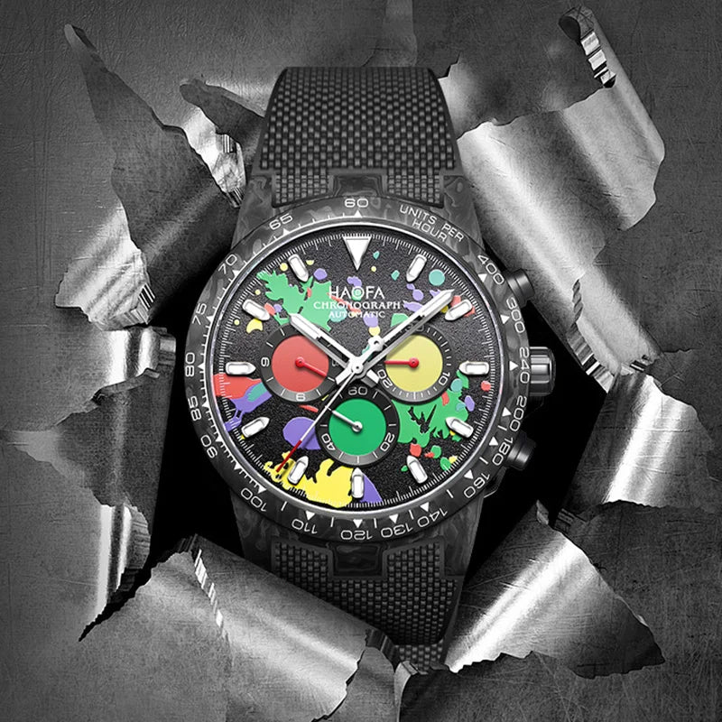Haofa Chronograph Watch Automatic Mechanical Movement Watches for Men Carbon Fiber Case 50 Hours Power Reserve Rubber Strap 2366