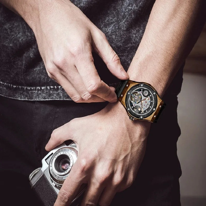 Haofa Men Moon Phase Waterproof Tourbillion Mechanical Watch Stainless Steel Case Leather Strap Butterfly Clasp Wristwatch 1915T