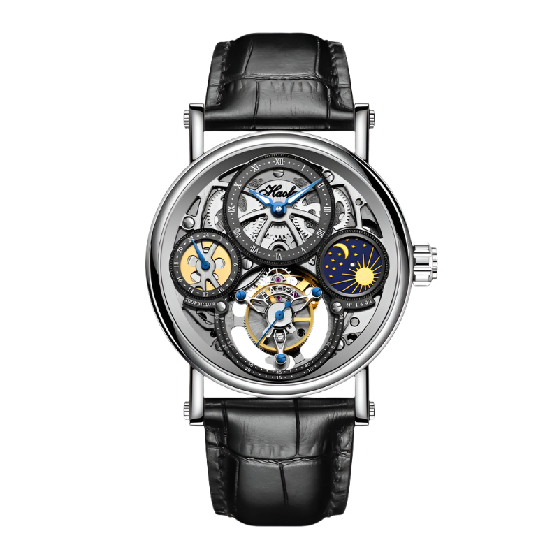 Haofa Skeleton Tourbillon Watch Man Mechanical Hollow Luminous Day and Night Painted Arabic Numerals Carve Luxury Leather 1601