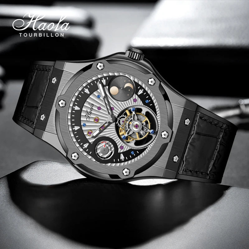 Haofa Mechanical Wristwatch Flying Tourbillon Day and Night Power Dial Sapphire Manual Business Waterproof Watch Luxury Men 1915
