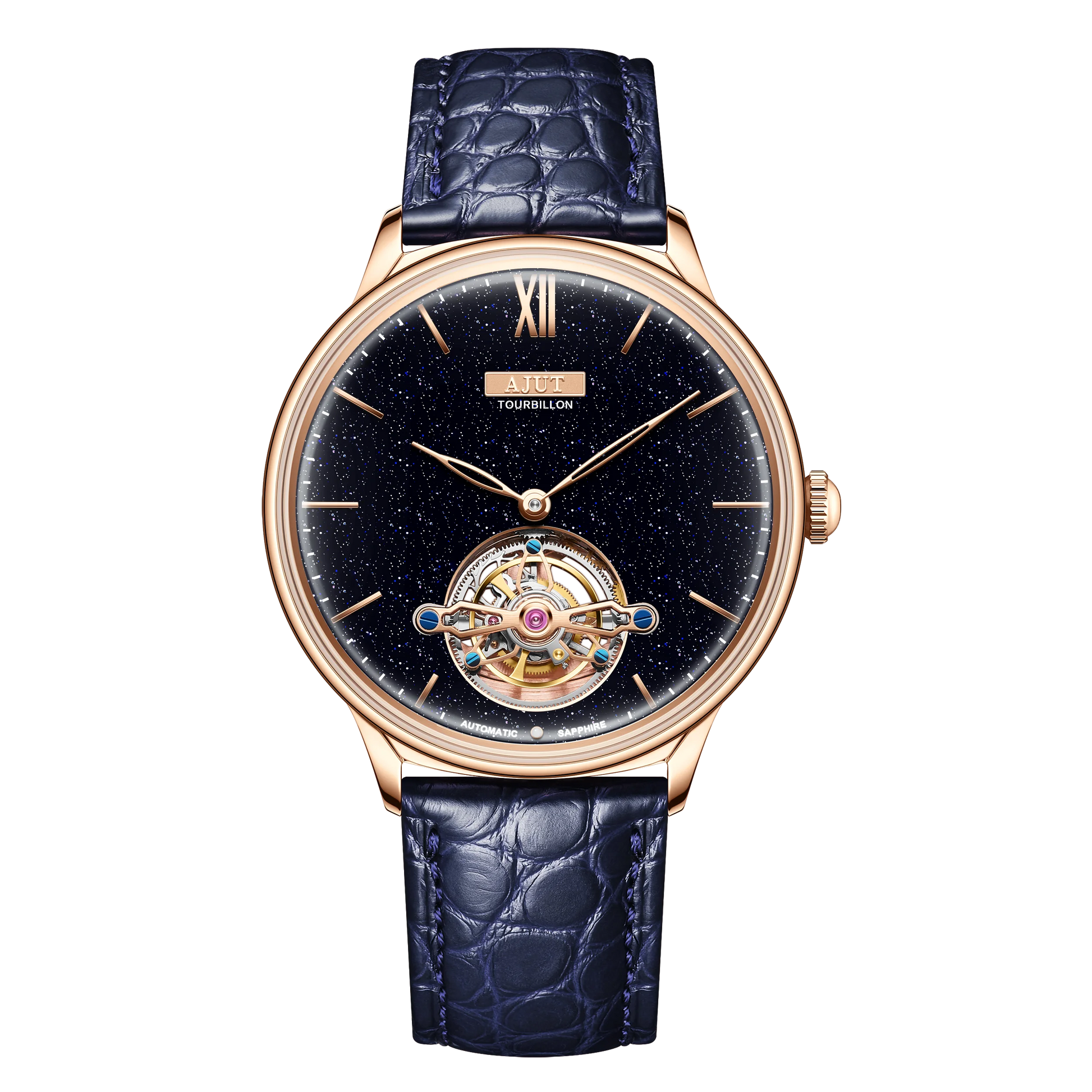 Men'S Wristwatch Automatic Winding Tourbillon Mechanical Sun Pattern and Enamel Surface Stainless Steel Waterproof TAM0345