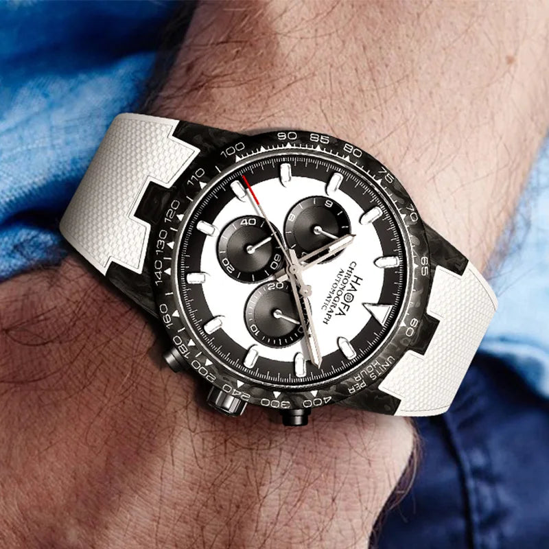Haofa Chronograph Watch Automatic Mechanical Movement Watches for Men Carbon Fiber Case 50 Hours Power Reserve Rubber Strap 2366