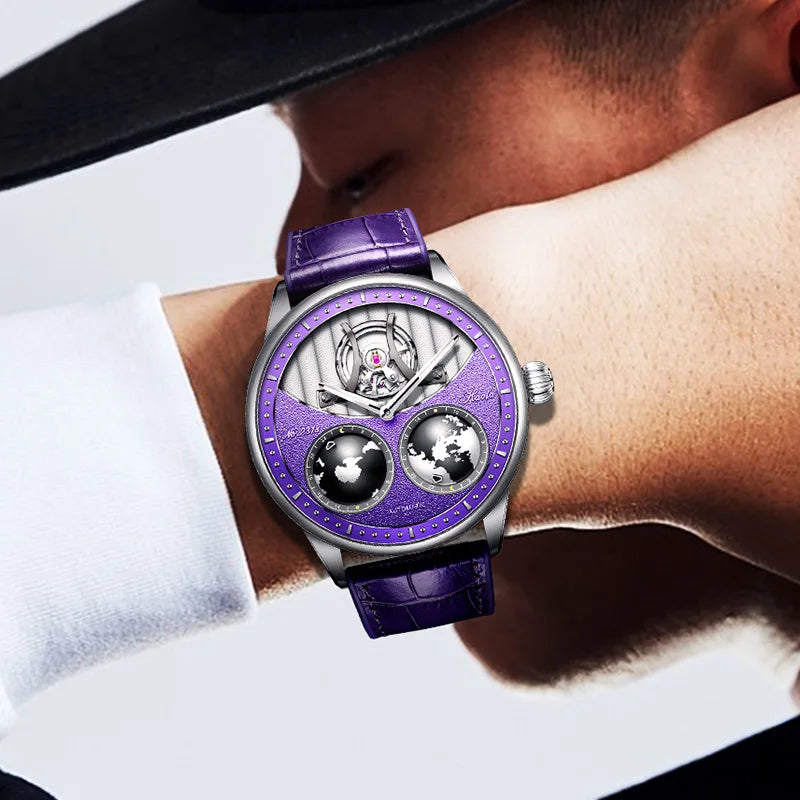 Haofa Automatic Movement Mechanical Watch Mans Earth Rotate Northern and Southern Hemisphere Open Heart Dial Electroerosion 2318