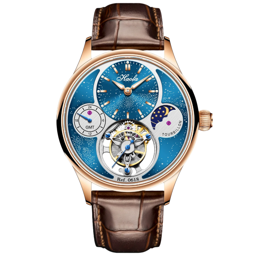 Haofa Flying Tourbillon Mechanical Men'S Watch Starry Day and Night GMT 316 Stainless Steel Leather Strap 19 Diamonds Watch 0618