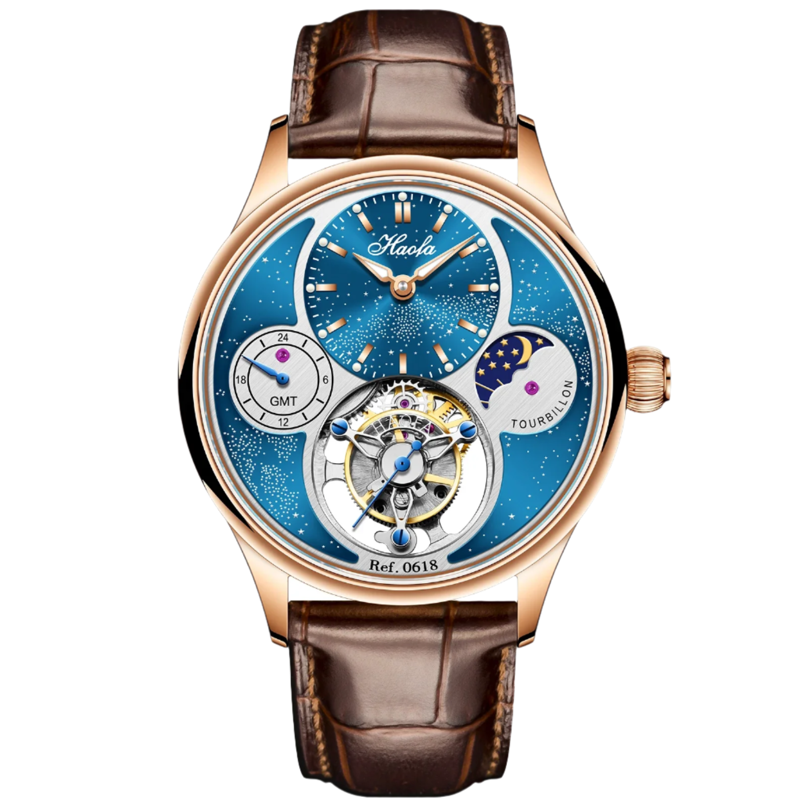 Haofa Flying Tourbillon Mechanical Men'S Watch Starry Day and Night GMT 316 Stainless Steel Leather Strap 19 Diamonds Watch 0618