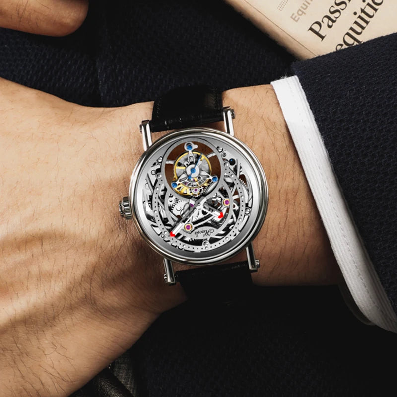 Haofa Manual Winding 3D Hollow Engraving Movement Flying Tourbillon Mechanical Watch Waterproof Elegant Leather Men'S Watch 1603