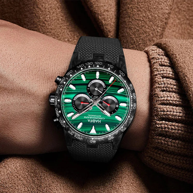 Haofa Chronograph Watch Automatic Mechanical Movement Watches for Men Carbon Fiber Case 50 Hours Power Reserve Rubber Strap 2366