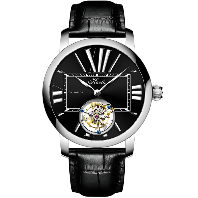 Haofa Men'S Watch Tourbillon round Dial Design Stainless Steel Case Folding Buckle Leather Strap Sapphire Waterproof Manual 1033