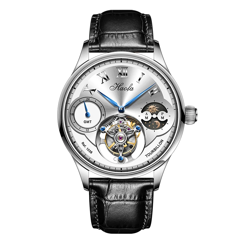 Haofa Luxury Manual Flying Tourbillon Mechanical Men'S Watch Sapphire Moon Phase Watches for Men Casual Business Wristwatch 1038