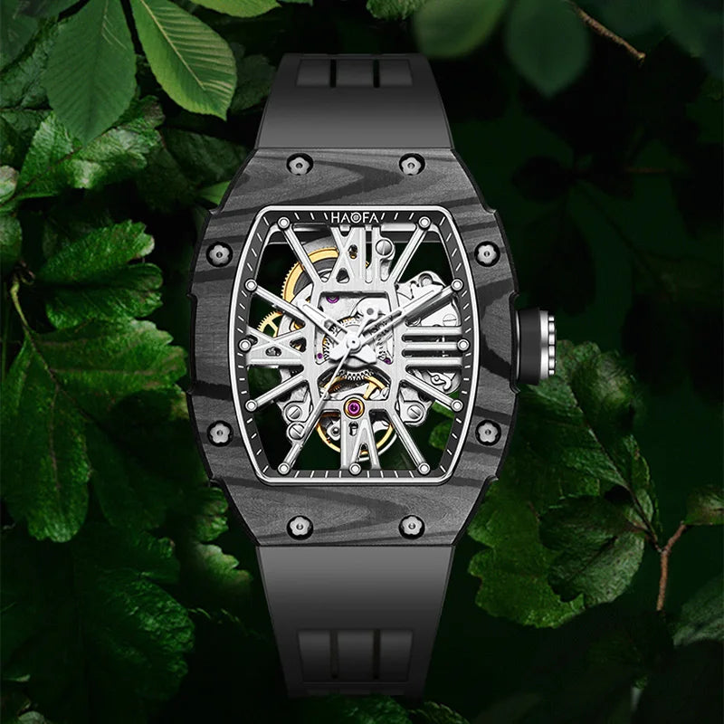 Haofa Mechanical Watch Woman Automatic Movement Painted Roman Numerals Hollow Skeleton Carbon Fiber Luminous Sport Hardcore 1995