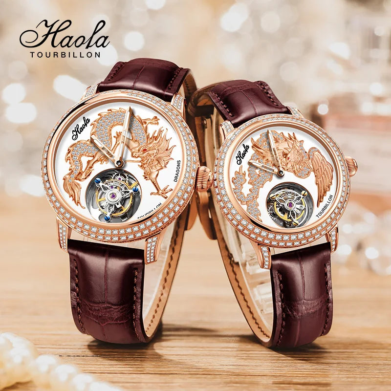 Haofa 3D Zodiac Dragon Manual Flying Tourbillon Mechanical Movement Watch Luxury Couple Sapphire Watches Exquisite Fashion 1801